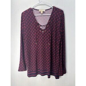 MICHAEL KORS Women’s Rope Print Chain-Lace Bell Sleeve Top Tunic NavyRed, Sz L